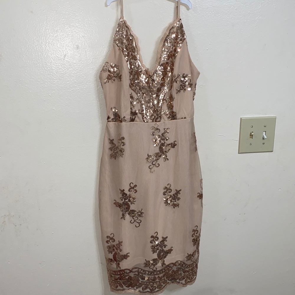 Windsor Party Dress. Size: Small. Dress is tan with rose gold sequins.